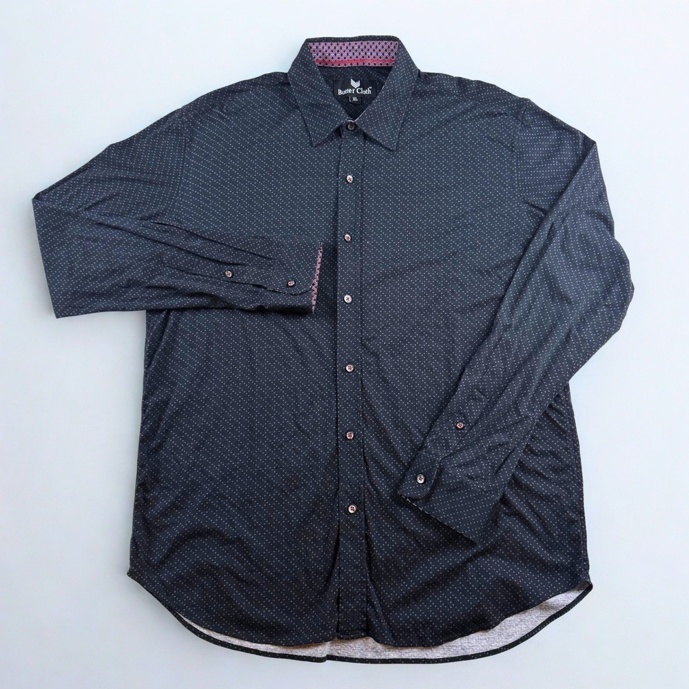 Butter Cloth Button Down Shirt Mens XL Black Micro Dot Long Sleeve Geometric
